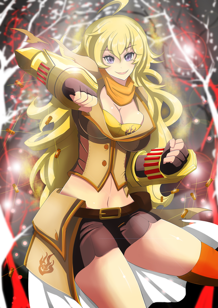 Anime picture 1447x2046 with rwby rooster teeth yang xiao long torahime (roland00) single long hair tall image looking at viewer breasts blonde hair smile large breasts purple eyes cleavage girl thighhighs gloves shorts belt fingerless gloves