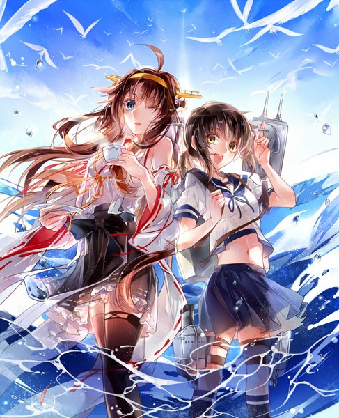 Anime picture 800x985 with kantai collection kongou battleship fubuki destroyer tg long hair tall image looking at viewer fringe short hair breasts open mouth blue eyes black hair brown hair bare shoulders multiple girls yellow eyes sky ahoge ponytail