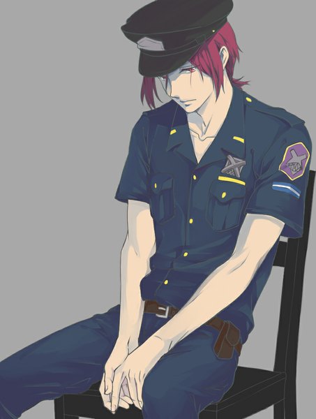 Anime picture 763x1010 with free! kyoto animation matsuoka rin sora (pixiv3154411) single tall image red eyes sitting red hair fingernails alternate costume looking down police boy uniform belt chair peaked cap police uniform