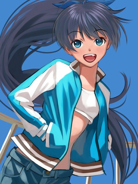 Anime picture 750x1000 with idolmaster ganaha hibiki nekopuchi single tall image looking at viewer blush open mouth blue eyes black hair sky ahoge ponytail very long hair open jacket teeth midriff fang (fangs) leaning happy