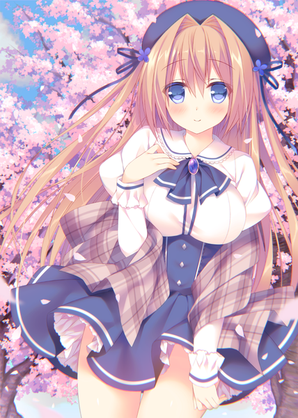 Anime picture 645x903 with original traene (sorai shin'ya) sorai shin'ya single long hair tall image looking at viewer blush fringe breasts blue eyes blonde hair hair between eyes large breasts sky cloud (clouds) light smile wind puffy sleeves cherry blossoms