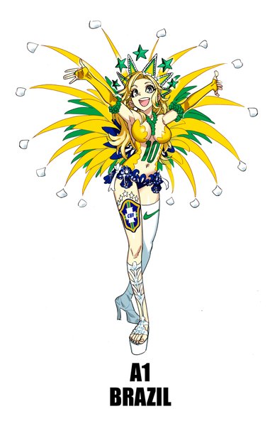 Anime picture 2476x3898 with original nike world cup 2014 fifa world cup daibaba juusan single long hair tall image highres open mouth simple background blonde hair smile inscription grey eyes tattoo football brazil girl gloves