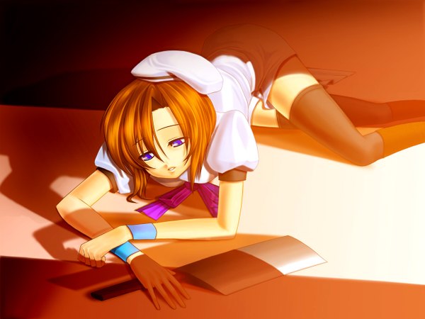 Anime picture 1280x960 with higurashi no naku koro ni studio deen ryuuguu rena karyuu single fringe short hair blue eyes hair between eyes lying orange hair shadow short sleeves zettai ryouiki puffy sleeves thighs looking down on stomach shiny girl