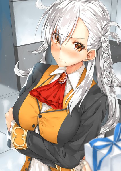 Anime picture 752x1062 with fate (series) fate/grand order olga marie animusphere body mahattaya ginga single long hair tall image looking at viewer blush fringe breasts hair between eyes large breasts standing brown eyes upper body white hair braid (braids) grey background embarrassed