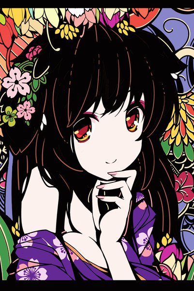 Anime picture 669x1000 with original ideolo single long hair tall image black hair smile red eyes bare shoulders traditional clothes japanese clothes portrait letterboxed girl flower (flowers) kimono