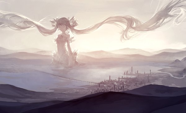 Anime picture 1400x853 with vocaloid hatsune miku hanyijie single wide image twintails eyes closed very long hair aqua hair tears city landscape scenic river giant girl dress bridge