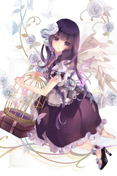 Anime picture 800x1200 with inu x boku ss david production shirakiin ririchiyo 041 single long hair tall image looking at viewer purple eyes purple hair girl dress wings insect butterfly cage