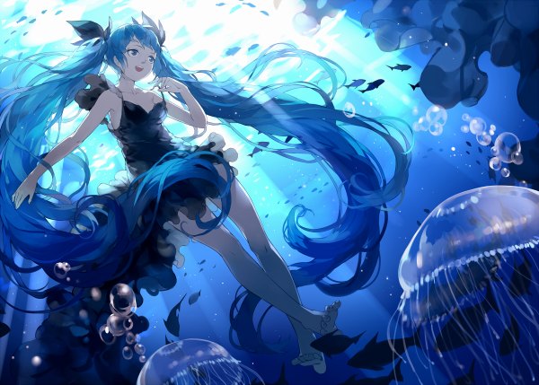 Anime picture 1200x858 with vocaloid shinkai shoujo (vocaloid) hatsune miku nine (liuyuhao1992) single blue eyes twintails blue hair very long hair barefoot underwater girl dress animal frills black dress sundress bubble (bubbles) fish (fishes) jellyfish