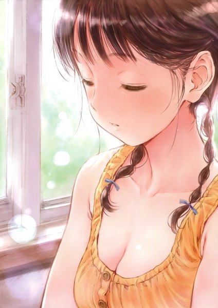 Anime picture 1059x1500 with original fujita hidetoshi single long hair tall image blush fringe breasts brown hair upper body braid (braids) eyes closed parted lips sleeveless twin braids lens flare girl window buttons