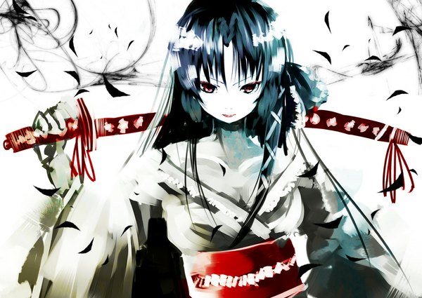 Anime picture 1000x709 with original yae (mono110) single looking at viewer fringe simple background smile red eyes white background traditional clothes japanese clothes lips girl weapon sword kimono katana