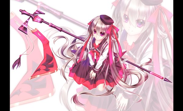 Anime picture 1500x909 with original kawasaki toiro single looking at viewer brown hair wide image white background purple eyes very long hair light smile zoom layer girl dress bow ribbon (ribbons) hair bow hair ribbon