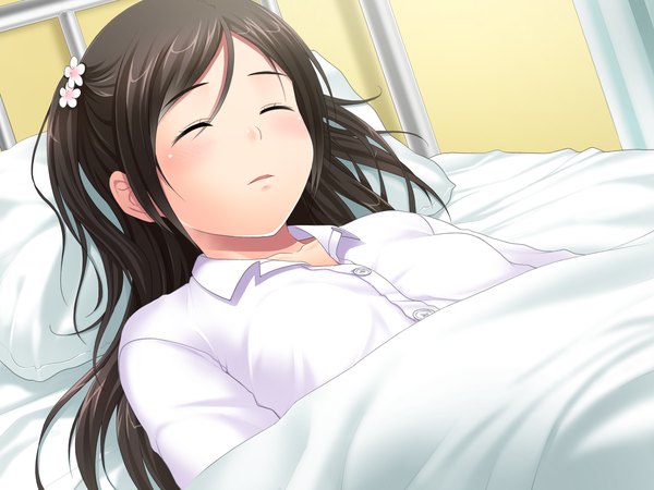 Anime picture 1600x1200 with mebae (game) hazuki riko long hair black hair game cg lying eyes closed loli sleeping girl