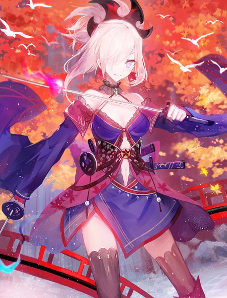 Anime picture 2000x2617 with fate (series) fate/grand order miyamoto musashi (fate) juexing (moemoe3345) single tall image looking at viewer fringe highres short hair breasts light erotic smile bare shoulders holding pink hair cleavage ponytail traditional clothes japanese clothes