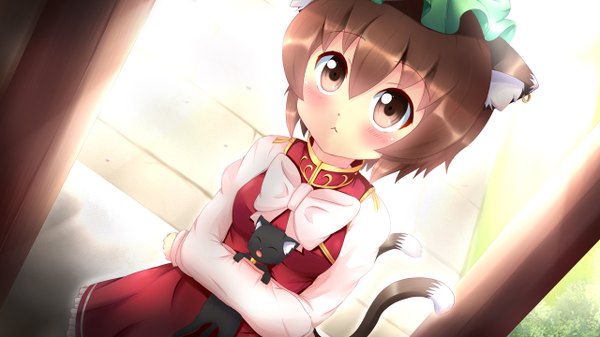 Anime picture 1280x720 with touhou chen kane-neko blush short hair brown hair wide image brown eyes animal ears cat ears cat girl cat tail girl dress bowtie cat bonnet
