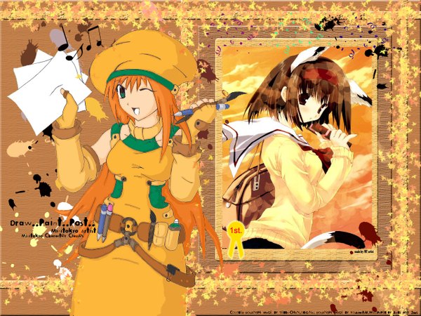 Anime picture 1280x960 with original mitsumi misato zaira terra-chan long hair short hair open mouth brown hair multiple girls brown eyes green eyes signed animal ears tail :d animal tail one eye closed wink cat ears orange hair