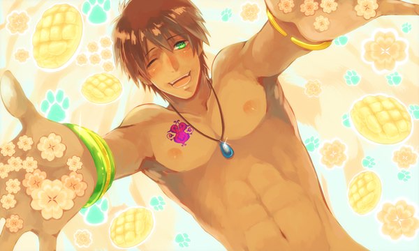 Anime picture 1600x960 with uta no prince-sama a-1 pictures aijima cecil single looking at viewer blush short hair open mouth light erotic smile brown hair wide image green eyes one eye closed nude wink bare belly tattoo dark skin happy
