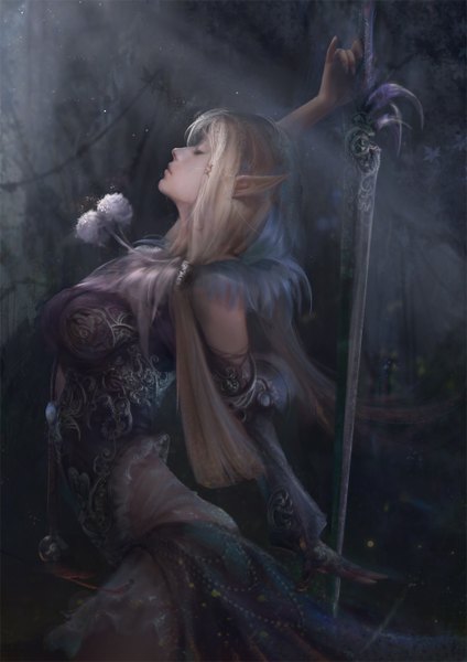 Anime picture 980x1387 with original yueyue single tall image fringe breasts blonde hair holding eyes closed profile arm up pointy ears dark background arched back girl weapon sword