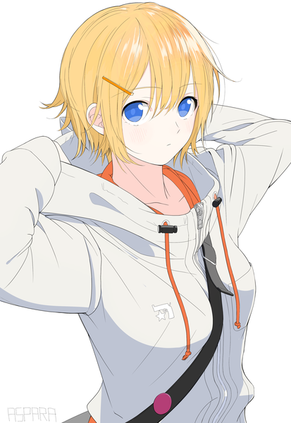Anime picture 2261x3281 with original aspara single tall image looking at viewer blush highres short hair blue eyes simple background blonde hair hair between eyes white background signed from above arms behind head adjusting clothes girl jacket bobby pin