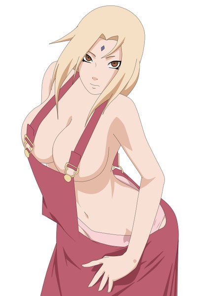 Anime picture 2060x3000 with naruto studio pierrot naruto (series) tsunade kraddy07 single long hair tall image looking at viewer highres breasts light erotic simple background blonde hair large breasts white background bare shoulders brown eyes midriff hokage