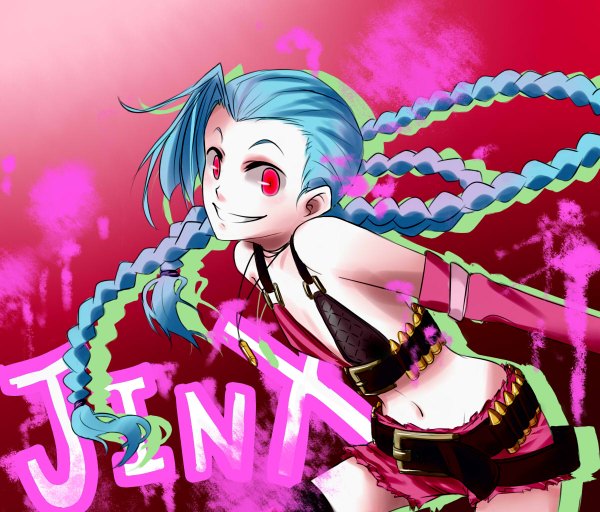 Anime picture 1200x1024 with league of legends jinx (league of legends) emerald (artist) single long hair breasts smile red eyes blue hair braid (braids) flat chest girl navel shorts