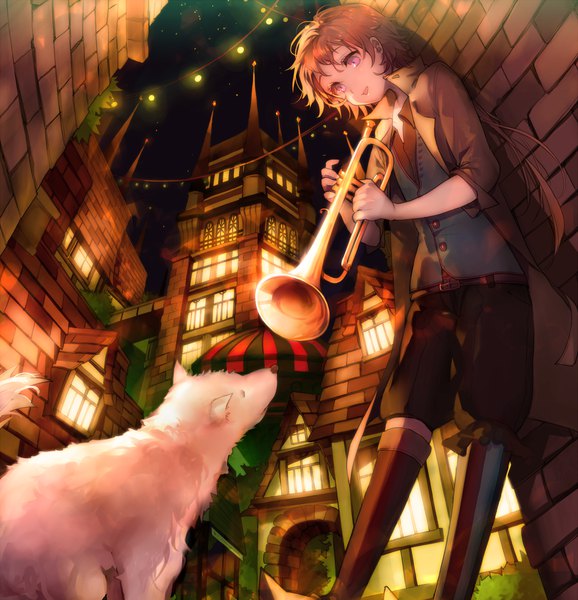 Anime picture 1500x1555 with original ayatoki-1 tall image short hair open mouth smile brown hair standing holding outdoors pink eyes night night sky city looking down cityscape city lights against wall androgynous brick wall