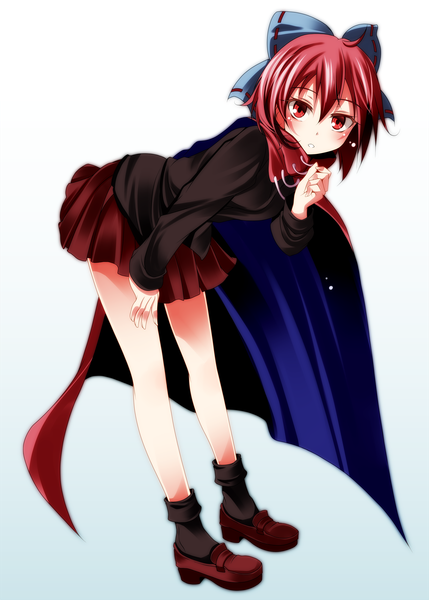 Anime picture 1786x2500 with touhou sekibanki s-syogo single tall image looking at viewer blush highres short hair red eyes white background red hair girl skirt bow hair bow cape red skirt