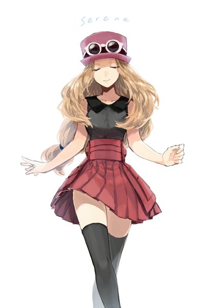 Anime picture 673x1000 with pokemon pokemon xy nintendo serena (pokemon) obo (artist) single long hair tall image simple background blonde hair smile white background eyes closed pleated skirt character names sunglasses on head girl thighhighs skirt black thighhighs