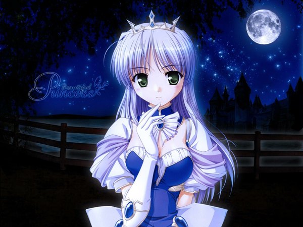 Anime picture 1600x1200 with yoake mae yori ruri iro na august soft feena fam earthlight single long hair green eyes blue hair night princess girl dress gloves moon crown tiara