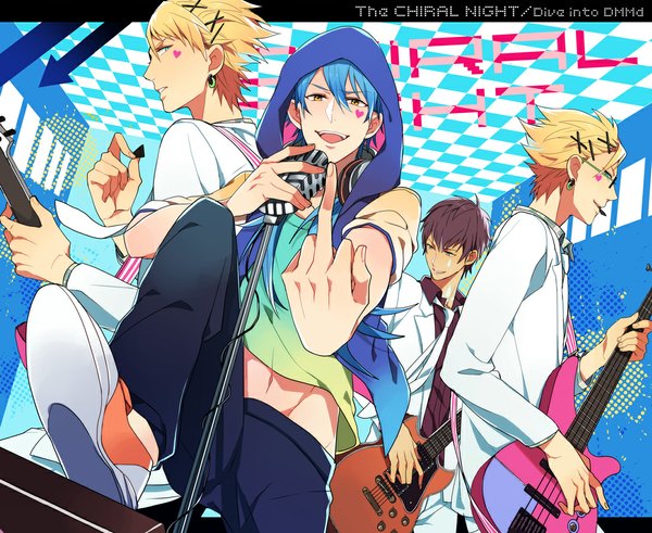 Anime picture 1078x883 with dramatical murder nitro+chiral aoba (dmmd) trip (dramatical murder) virus (dramatical murder) long hair short hair blonde hair brown hair green eyes yellow eyes blue hair inscription multiple boys group middle finger boy navel earrings glasses
