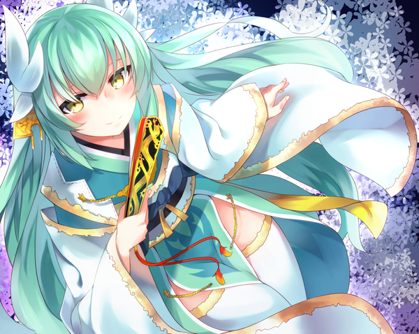 Anime picture 1000x797 with fate (series) fate/grand order kiyohime (fate) otokuyou single looking at viewer blush smile sitting yellow eyes very long hair traditional clothes japanese clothes horn (horns) from above aqua hair side slit girl thighhighs flower (flowers)