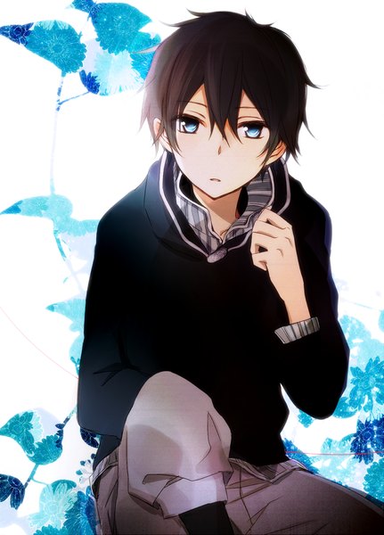 Anime picture 1000x1390 with akagami no shirayukihime studio bones ryuu (akagami no shirayukihime) tsukimori usako single tall image looking at viewer short hair open mouth blue eyes black hair sitting boy flower (flowers)