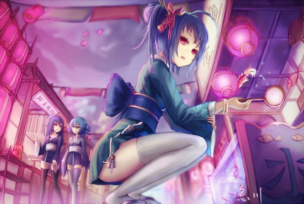Anime picture 1200x808 with original wangchuan de quanyan long hair short hair blue eyes red eyes multiple girls blue hair purple hair traditional clothes japanese clothes girl thighhighs black thighhighs animal white thighhighs kimono 3 girls fish (fishes) short kimono