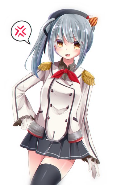 Anime picture 850x1259 with kantai collection kashima training cruiser kasumi destroyer masayo (gin no ame) masakazu (coccinellee) single long hair tall image looking at viewer blush fringe highres open mouth simple background white background brown eyes long sleeves grey hair zettai ryouiki hand on hip