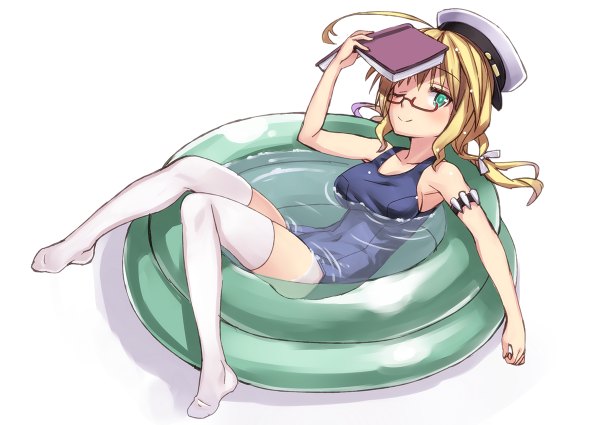 Anime picture 1200x850 with kantai collection i-8 submarine matsuryuu single long hair looking at viewer blush breasts light erotic simple background blonde hair smile white background twintails green eyes lying one eye closed wink no shoes girl