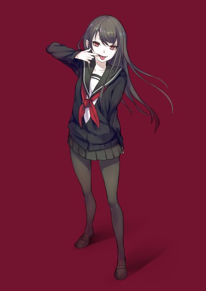 Anime picture 1200x1697 with original yuu (higashi no penguin) single long hair tall image looking at viewer fringe black hair simple background red eyes full body from above red background white skin finger in mouth girl uniform pantyhose serafuku shoes