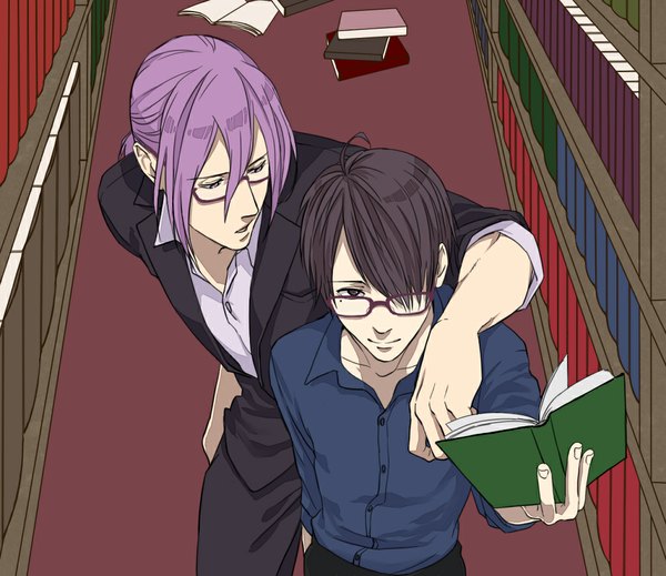 Anime picture 1024x886 with kuroko no basket production i.g murasakibara atsushi himuro tatsuya tagme (artist) long hair fringe short hair black hair standing purple eyes holding purple hair ponytail indoors black eyes hair over one eye multiple boys couple hug