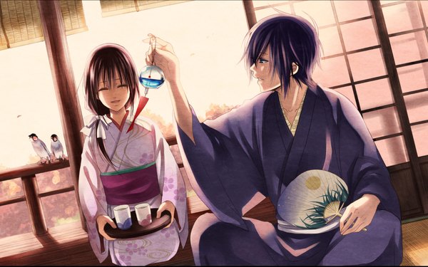 Anime picture 1680x1050 with hakuouki shinsengumi kitan studio deen saito hajime chizuru yukimura uzuro yuna long hair short hair open mouth black hair brown hair wide image sitting eyes closed japanese clothes black eyes laughing girl boy animal kimono