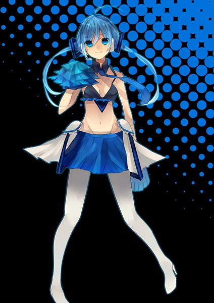 Anime picture 1061x1500 with vocaloid aoki lapis yuzuno asa single long hair tall image looking at viewer blue eyes smile twintails bare shoulders blue hair ahoge polka dot cheerleader girl skirt navel necktie thigh boots