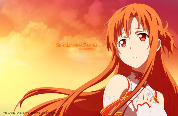 Anime picture 1200x782 with sword art online a-1 pictures yuuki asuna sebaemanuel single long hair fringe bare shoulders signed sky cloud (clouds) upper body parted lips orange hair orange eyes coloring girl detached sleeves
