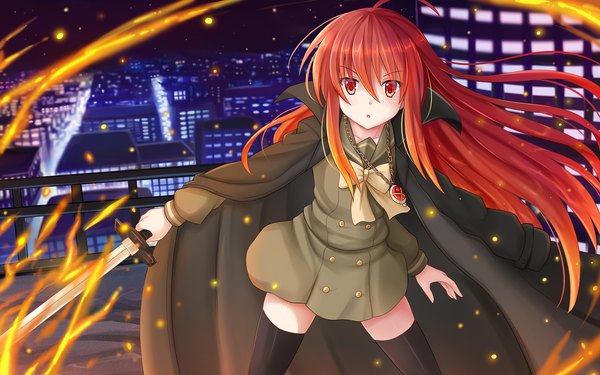 Anime picture 1920x1200 with shakugan no shana j.c. staff shana kazenokaze single long hair looking at viewer highres red eyes holding ahoge red hair multicolored hair wallpaper zettai ryouiki city gradient hair cityscape girl thighhighs