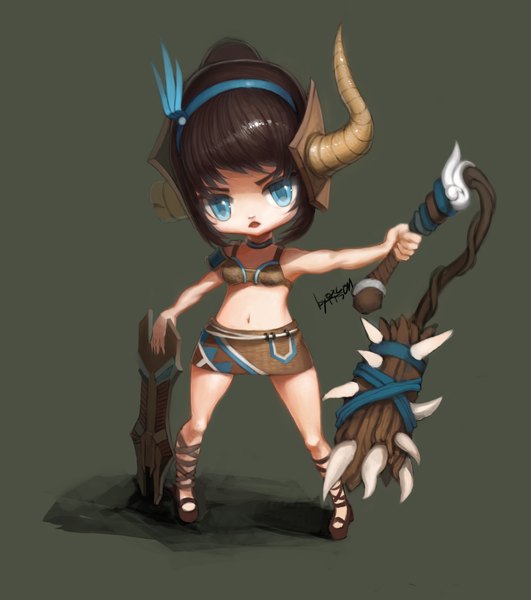 Anime picture 2000x2259 with league of legends sejuani (league of legends) yoonyuljjang single tall image highres blue eyes brown hair horn (horns) teeth fang (fangs) girl miniskirt shield mace