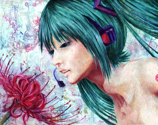 Anime picture 3189x2528 with vocaloid hatsune miku kabaji single highres twintails absurdres profile black eyes aqua hair girl flower (flowers) headphones higanbana