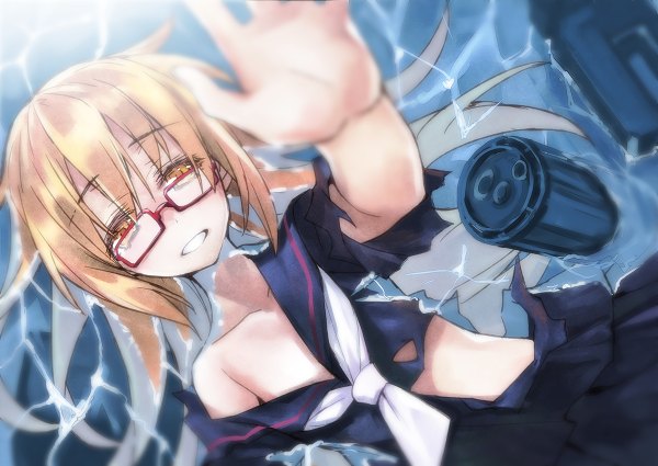 Anime picture 1200x850 with kantai collection mochizuki destroyer matsuryuu single long hair blush blonde hair yellow eyes arm up from above torn clothes outstretched arm girl water glasses sailor suit