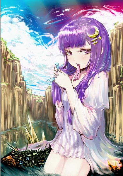 Anime picture 1270x1812 with touhou patchouli knowledge mututu (artist) single long hair tall image blush purple eyes sky purple hair cloud (clouds) mouth hold crescent rock girl hair ornament water hairclip