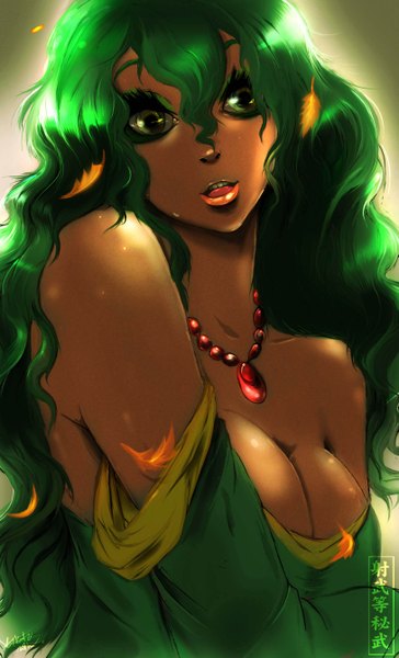 Anime picture 1626x2680 with original ibroid (artist) single long hair tall image looking at viewer breasts light erotic bare shoulders green eyes green hair lips girl choker
