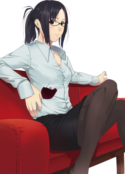 Anime picture 1260x1740 with original kagematsuri single long hair tall image looking at viewer black hair simple background white background sitting ponytail black eyes girl skirt shirt glasses couch wine glass