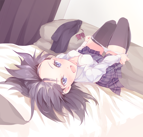 Anime picture 3060x2933 with original harusame yuuki looking at viewer blush highres open mouth light erotic purple eyes absurdres purple hair full body bent knee (knees) lying long sleeves pleated skirt open shirt plaid skirt open collar leg lift (legs lift) panty pull