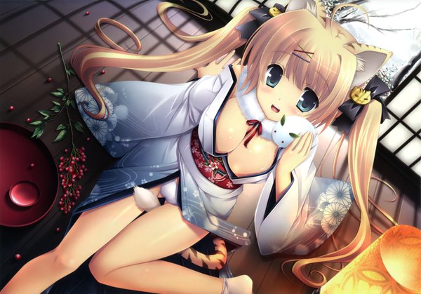Anime picture 3030x2119 with original ikegami akane single long hair blush highres breasts open mouth blue eyes light erotic blonde hair twintails animal ears absurdres cleavage traditional clothes japanese clothes cat ears pantyshot girl