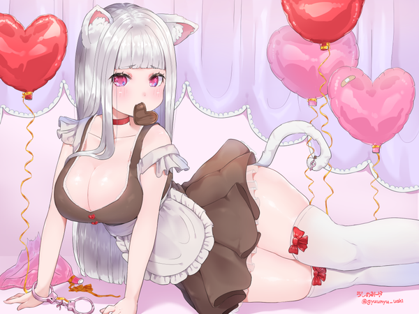 Anime picture 1024x768 with original ushinomiya single long hair looking at viewer blush fringe breasts light erotic bare shoulders signed animal ears white hair tail blunt bangs animal tail cat ears arm support maid cat girl