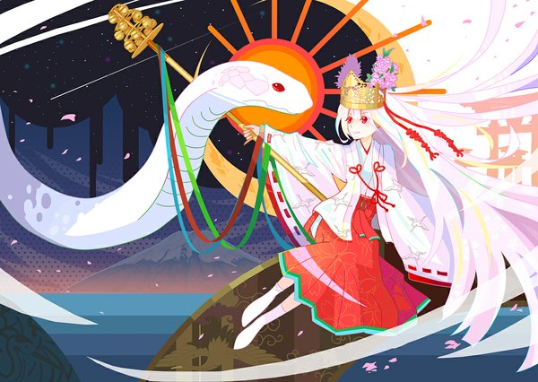Anime picture 1000x710 with original saber 01 smile red eyes white hair very long hair traditional clothes japanese clothes sunlight mountain miko girl flower (flowers) ribbon (ribbons) water socks white socks bell staff crown